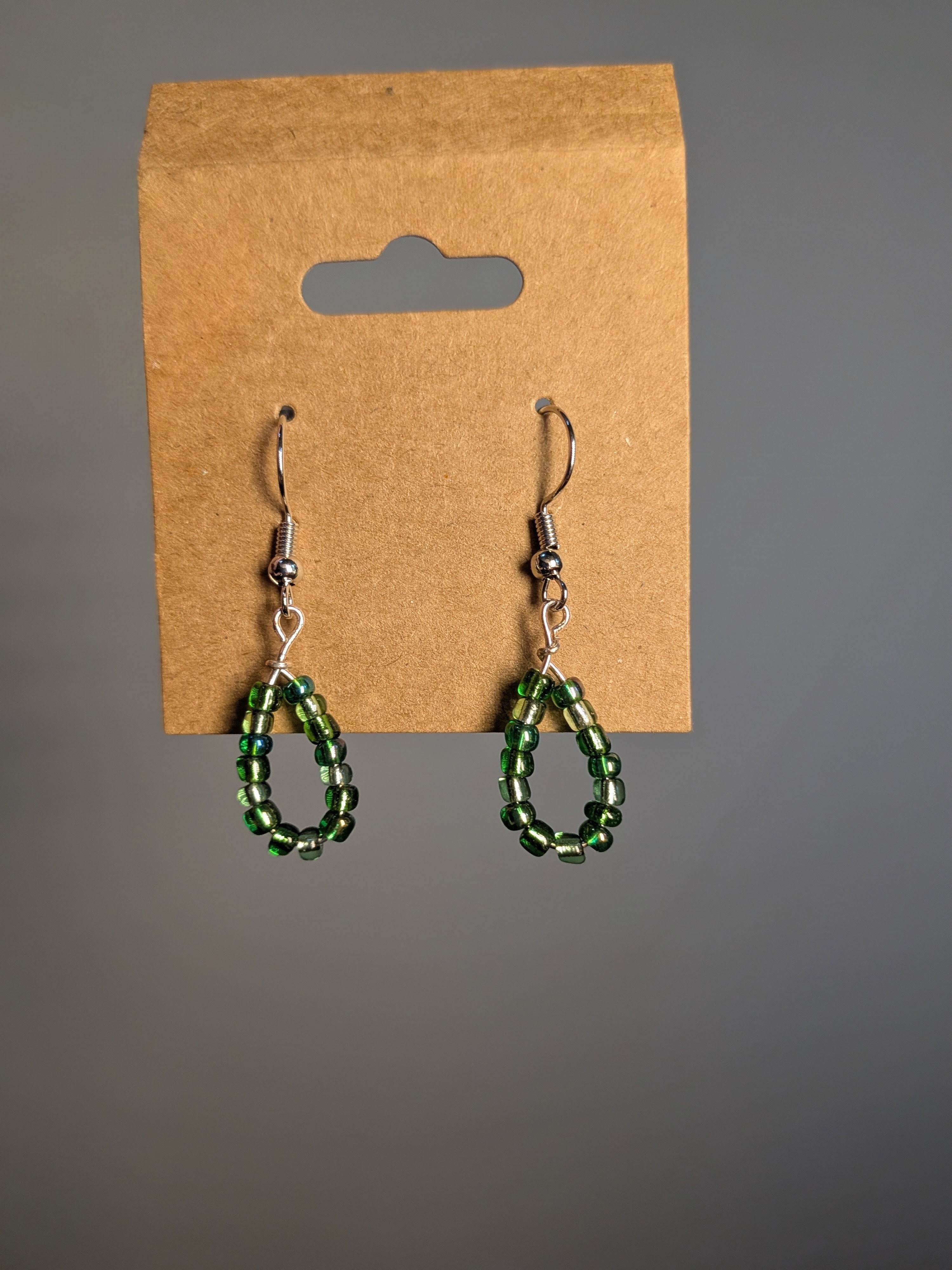 Green Beaded Loop Earrings, Silver