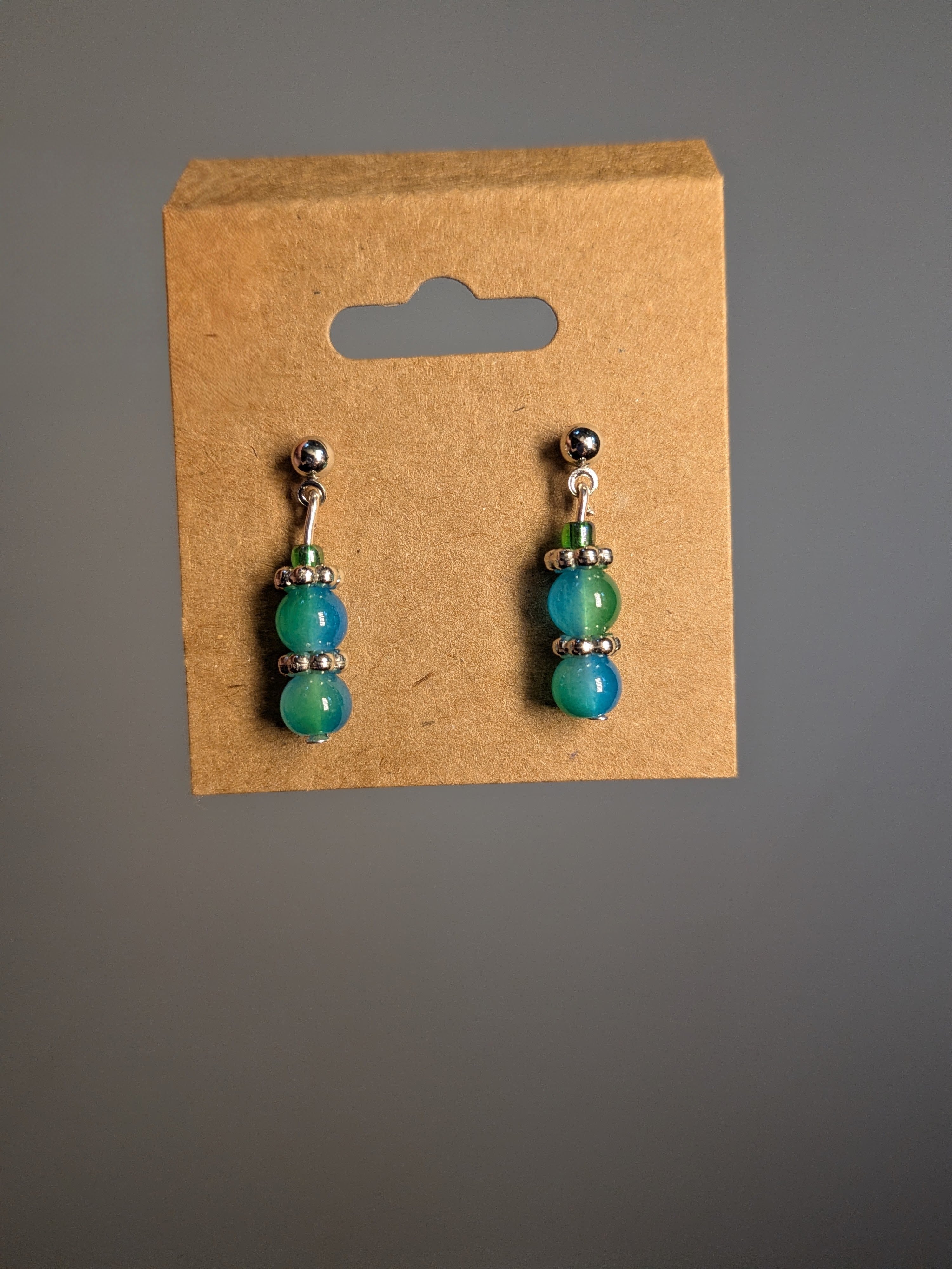 Blue-Green Beaded Earrings, Silver
