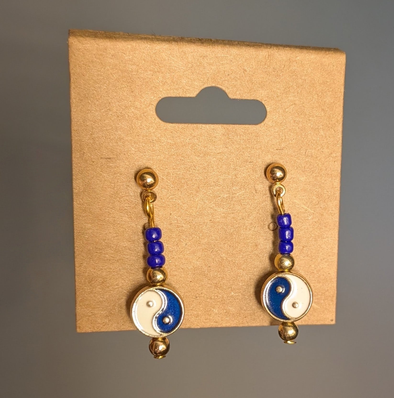Blue Ying-Yang Beaded Earrings, Gold