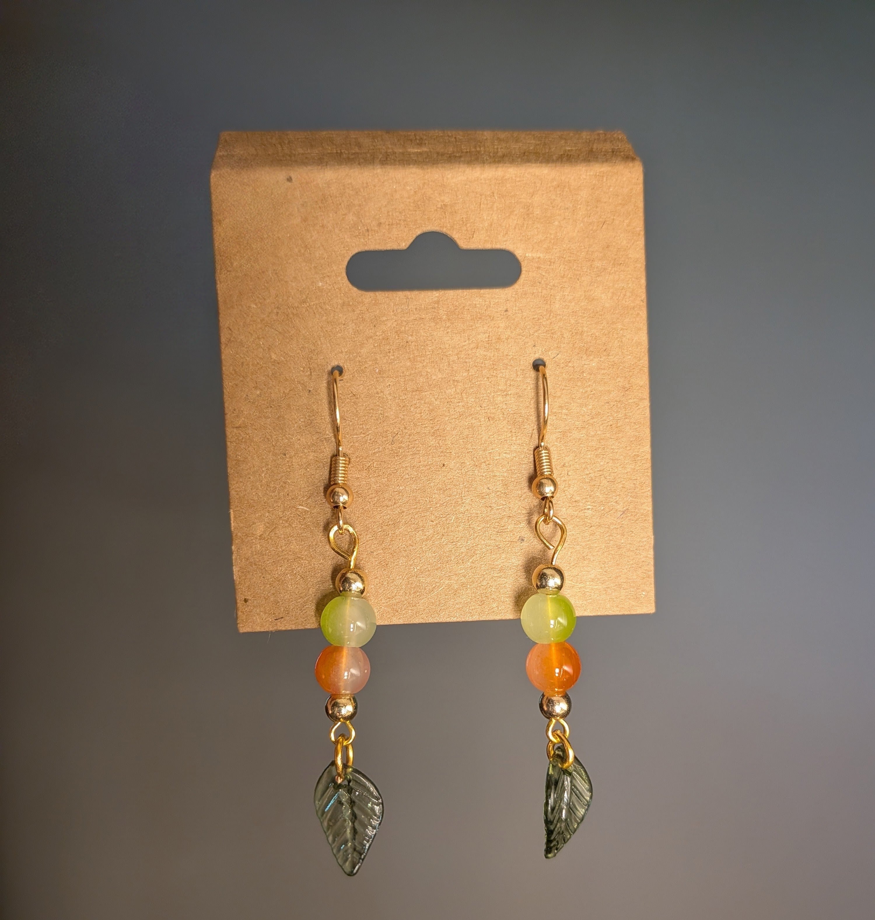 Green Orange Leaf Earrings, Gold