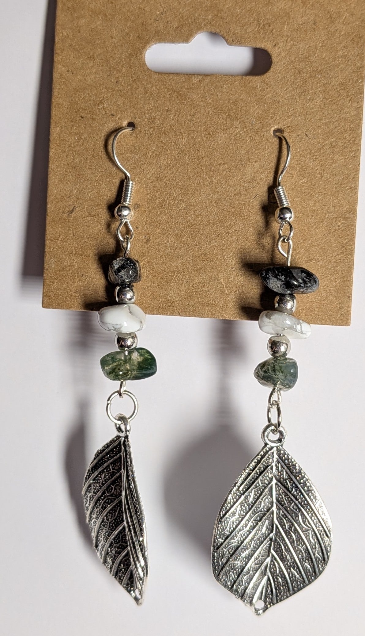 Leaf Pendant Rock Earrings, Silver - Hypoallergenic
