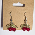 Red Cherries with Leaves Earrings, Silver - Hypoallergenic