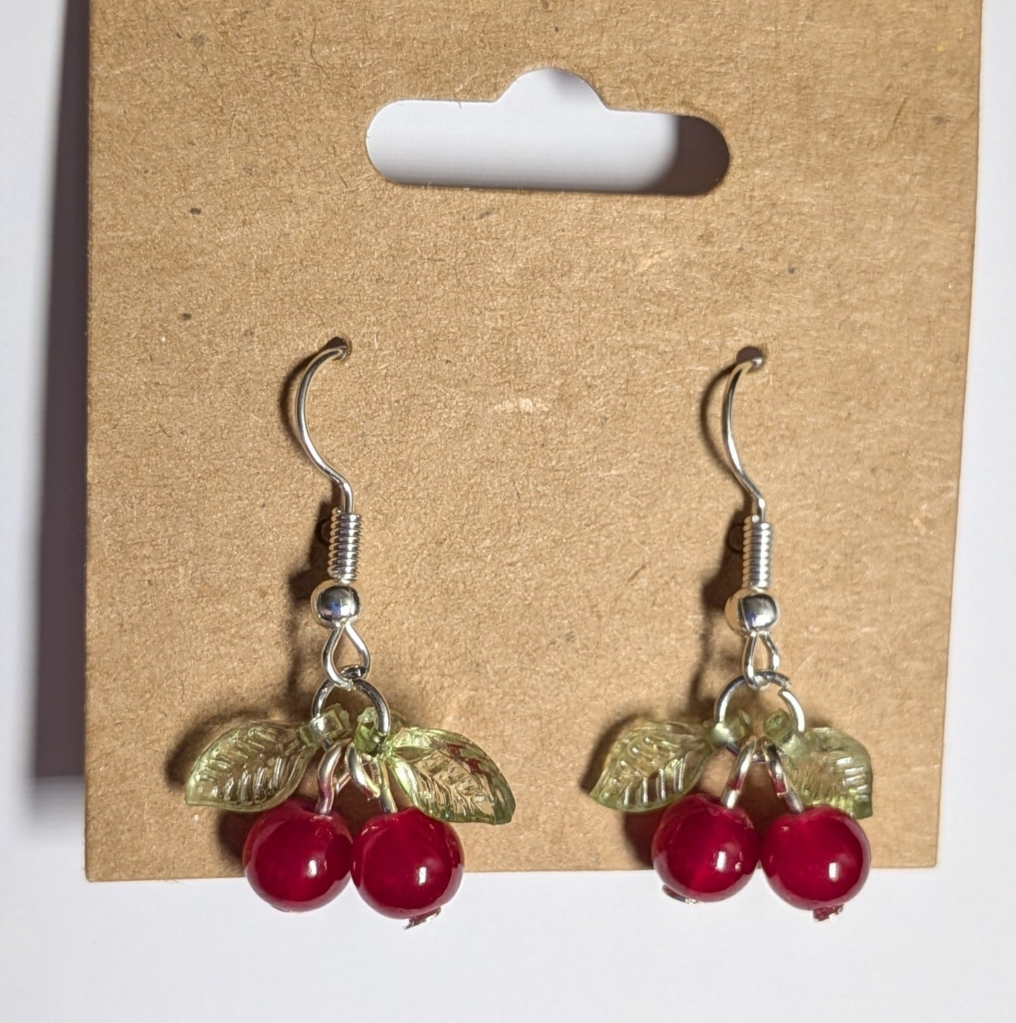 Red Cherries with Leaves Earrings, Silver - Hypoallergenic