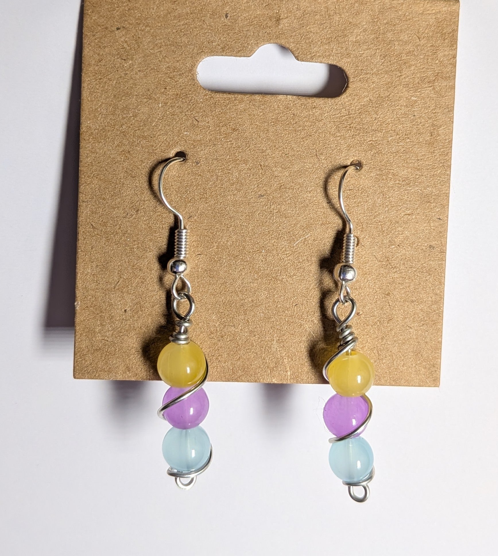 Blue, Purple, Yellow Beaded Earrings, Silver - Hypoallergenic